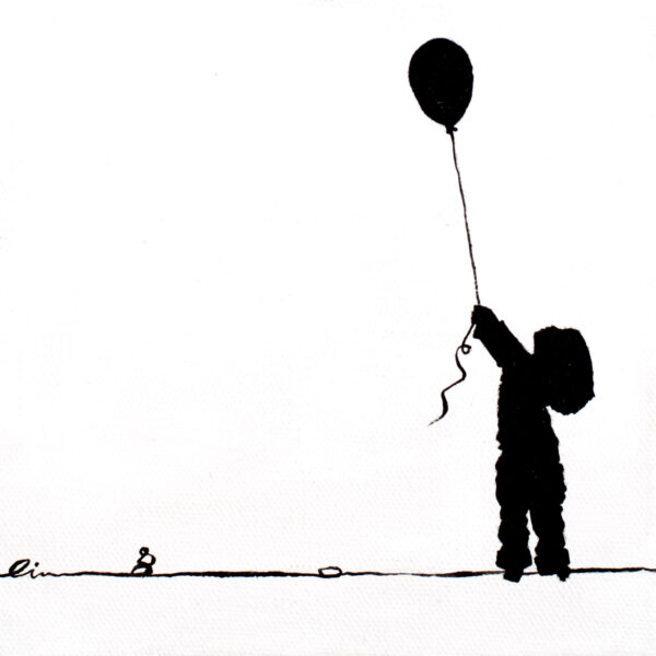 Painting of a small child holding an looking up at a ballooon
