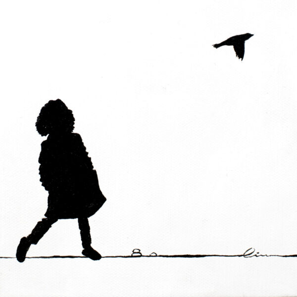 Painting of a small child watching a bird