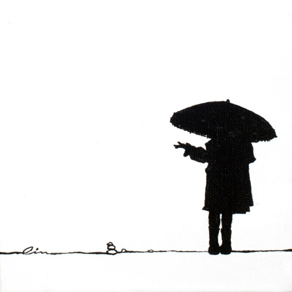 Painting of a girl standing under an umbrella