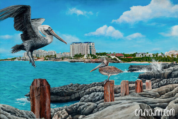 Mullet-Bay-Painting-with-pelican-sxm Cindy Chinn